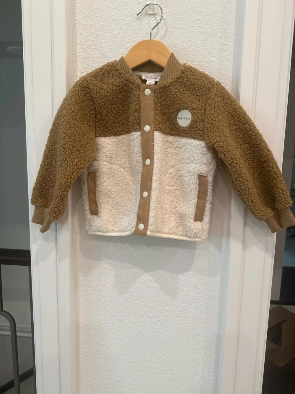 Jamie Kay Teddy Sherpa Colorblock Snap Front Jacket 1Y NWT Neutral Brown Cream